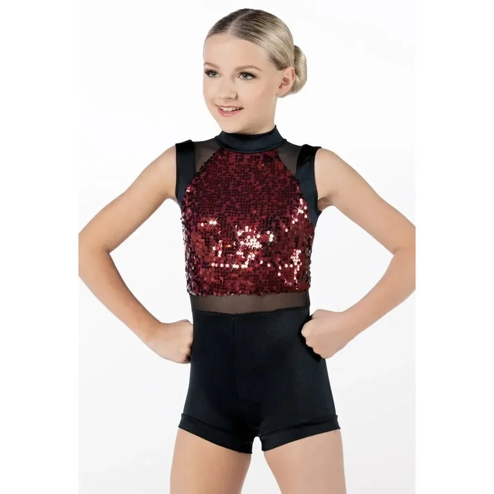 Pre-Owned Dance Costume Weissman 13499 Medium Child Burgundy 3 in 1 Jazz Sequin